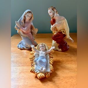 The holy family, Italian, porcelain handpainted gilded nativity set.RARE